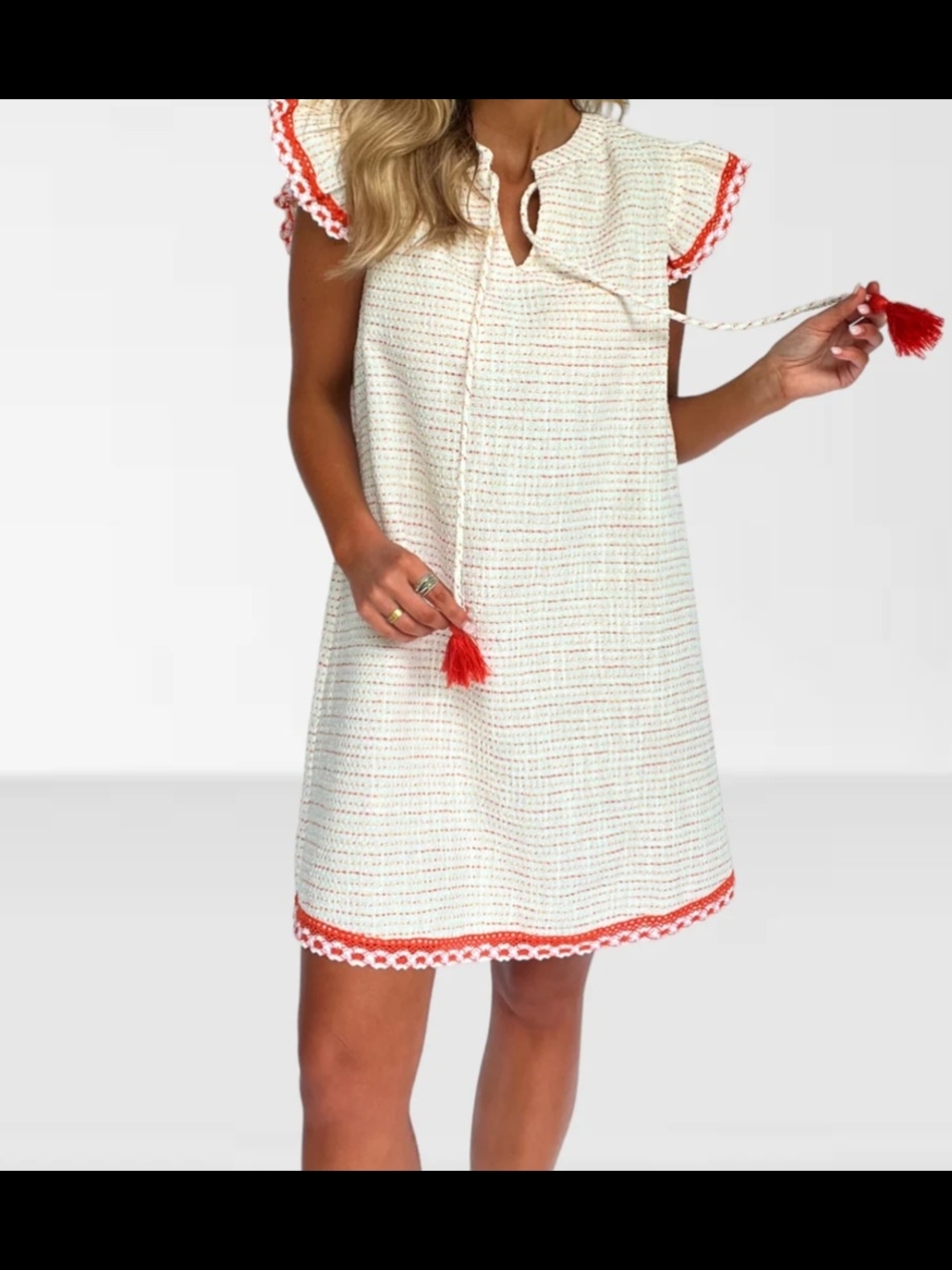White Orange Jacquard Textured Short Sleeves With Tassels